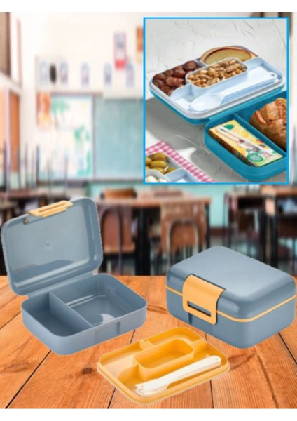 Mavi Katlı Bölmeli Kilitli Beslenme Kutusu ve Kaşık Seti, Çerez, Ekmek, Okul Saklama