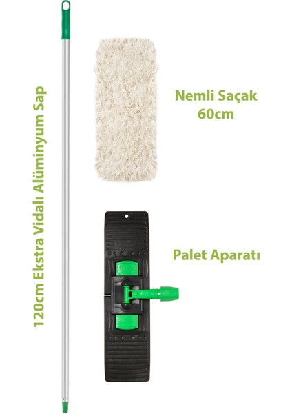 60 cm Uzun Saplı Nemli Saçak Mop, Pamuk Polyester, Dikişli, Tel ve Plastik Uyumlu