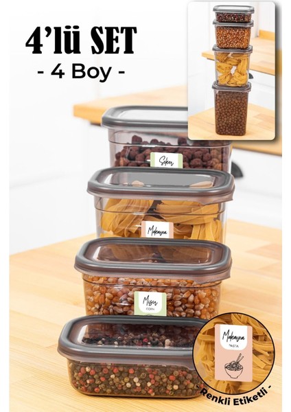 Renkli Etiketli 4'lü Dikdörtgen Saklama Kabı Seti, 4 Boyut, Antrasit