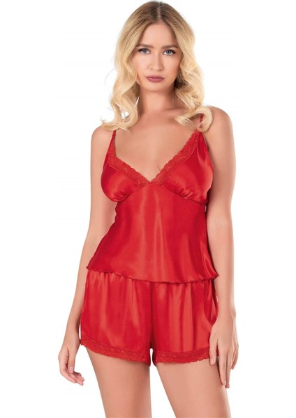 Marsilyan- Beruflic Kırmızı Saten Babydoll Şort Takımı
