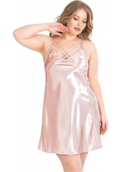 Marsilyan- Beruflic Büyük Beden Pudra Kısa Saten Gecelik