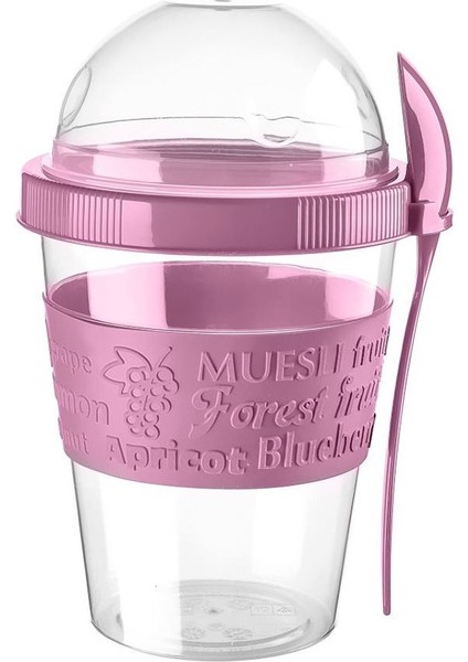 Pembe Kaşıklı Hazneli Meyveli Yoğurt Kabı, Müsli ve Atıştırmalık Bardağı