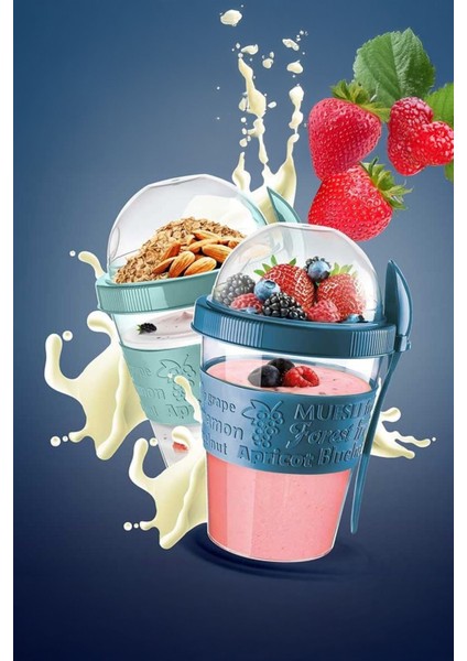 Pembe Kaşıklı Hazneli Meyveli Yoğurt Kabı, Müsli ve Atıştırmalık Bardağı fiyatları