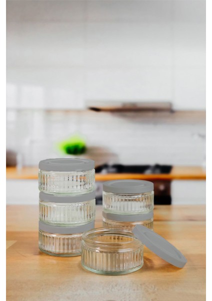 Altı Parça Hava Geçirmez Cam Saklama Kabı Seti, 140 Cc, Gri Kapak, Çok Amaçlı