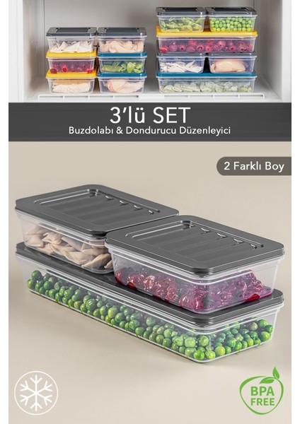3'lü Mikrodalga Uyumlu Saklama Kabı Seti, Antrasit, Gri, 3 Parça, Pratik ve Şık Tasarım