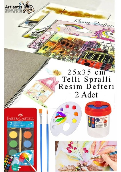 12 Renk Sulu Boya 25X35 cm Telli Spralli Resim Defteri Resim Paleti Resim Fırçası Temizleme Kabı Suluboya Okul Öğrenci