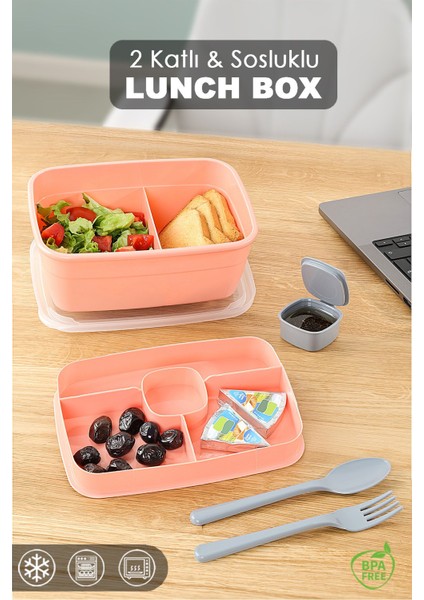 2 Katlı Bölmeli Pembe Beslenme Kabı, Saklama ve Taşıma Için Şık Çocuk Yemeği Kabı