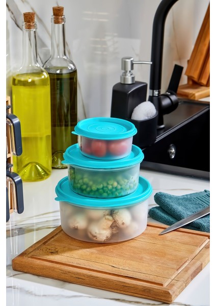 3'lü Yuvarlak Saklama Kabı Seti - Turkuaz, Organizer ve Düzenleyici