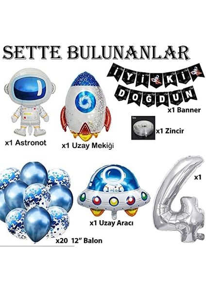 Gitti Uzay Konsepti 4 Yaş Doğum Günü Parti Kutlama Seti; Astronot, Ufo ve Uzay Gemisi Folyo Balon Set fiyatları