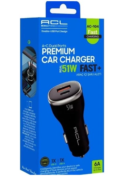 AC-104 Pd 6A, 51WATT Dual Ports 1xusb-A, 1xusb-C Çıkışlı Araç Içi Şarj fiyatları