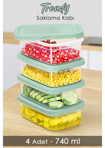 4 Adet Dikdörtgen Saklama Kabı, Mikrodalga Uygun, 740ML, Yeşil