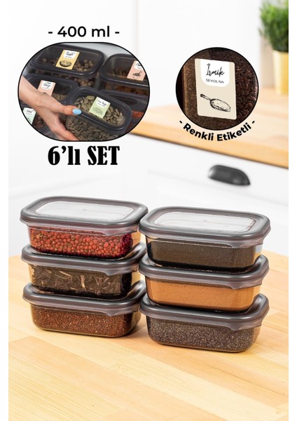 Renkli Etiketli 6'lı Dikdörtgen Baharat Saklama Kabı Seti, 400 Ml, Antrasit