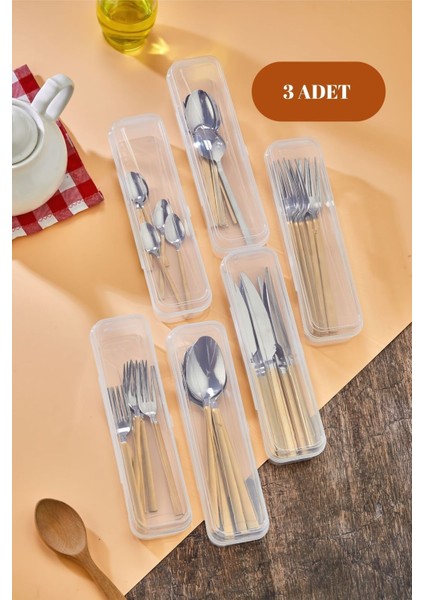 Beyaz 3'lü Kaşıklık Saklama Kabı, Çatal ve Kaşık Taşıma Kutusu Seti