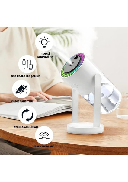 Mr Yıldız Projektör Hava Nemlendirici 280 ml Sessiz Buhar Makinesi Aroma Difüzör LED Işıklı Araç Nemlendirici indirimleri