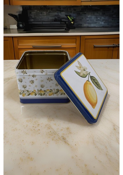 Limon Desenli Kare Metal Saklama Kabı, 2.2 Lt, Şık ve Pratik Mutfak Gereci