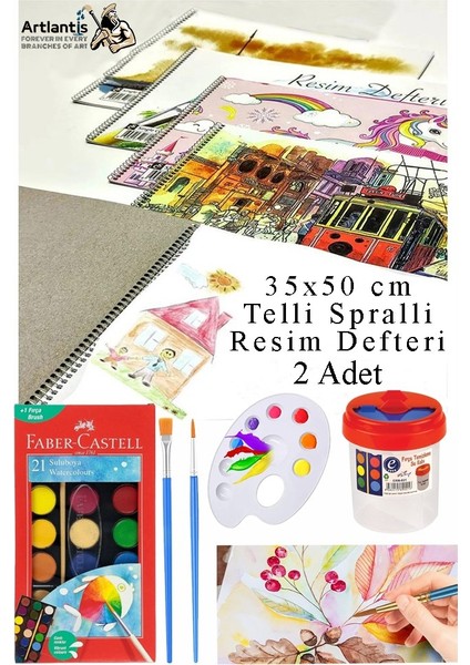 21 Renk Sulu Boya 35X50 cm Telli Spralli Resim Defteri Resim Paleti Resim Fırçası Temizleme Kabı Suluboya Okul Öğrenci