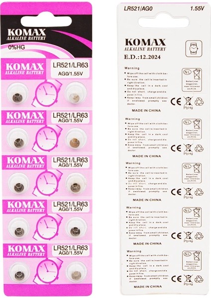 Komax Ag-0 Alkalin LR521/379 Düğme Pil (10LU Paket) (5047)