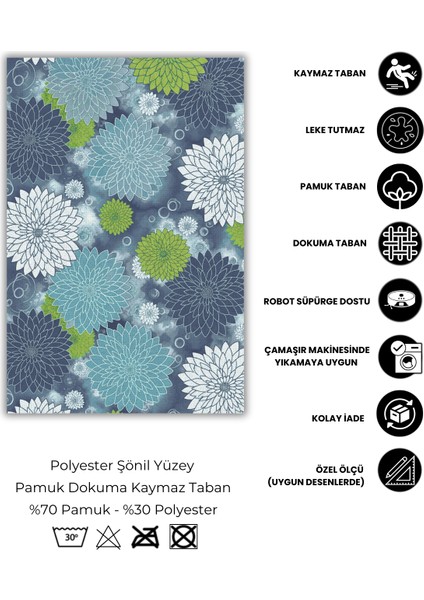 Çiçek Desenli Mavi Renkli Modern Halı Dijital Baskılı Dokuma Kaymaz Tabanlı Yıkanabilir Antre Halısı fırsatları
