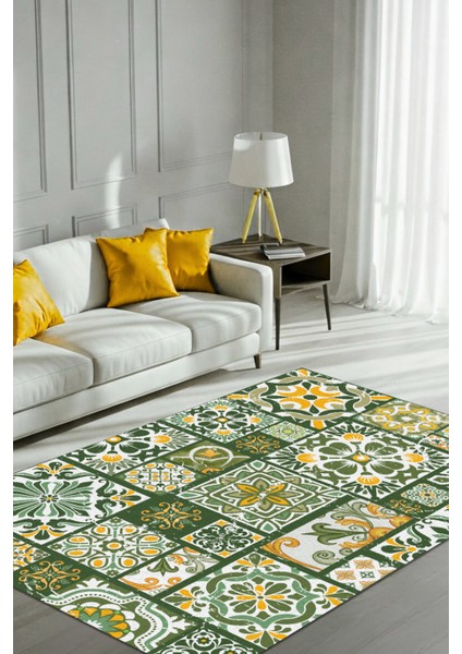 Patchwork Seramik Desenli Dokuma Tabanlı Dijital Baskılı Çini Desenli Yeşil Oturma Odası Halısı