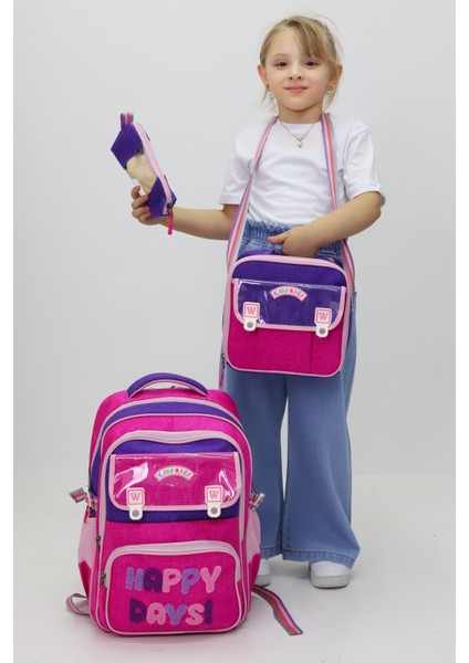 Happy Days 3'lü Kız Çanta Seti Sırt Çantası Beslenme Çantası Kalemlik Ilkokul Peluş Oyuncak Hediyeli