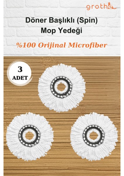 Döner Başlıklı Mikrofiber Mop Yedek Paspas 3'lü Set, Sık Doku, Yüksek Temizlik Performansı