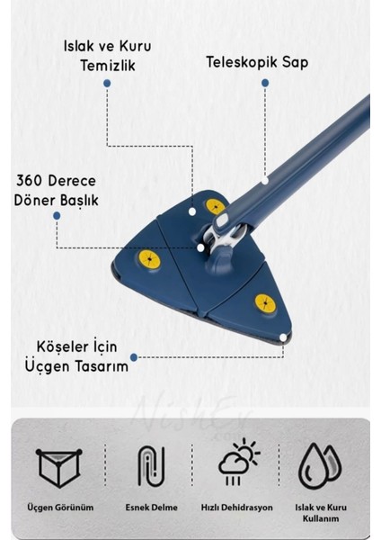 Teleskobik Üçgen Mikrofiber Mop, 360° Döner, Islak-Kuru, Çok Yönlü Temizlik Aracı indirimleri