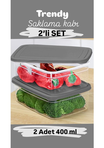 Gri 2'li Dikdörtgen Saklama Kabı, Mikrodalga Uyumlu, 400ML, Düzenleyici Set