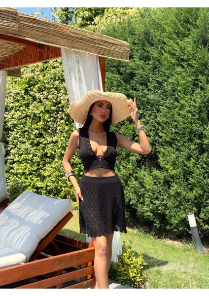 Siyah Dantel Desenli Triko Plaj Takımı - Crop Üst & Etek Ikili Set indirimleri
