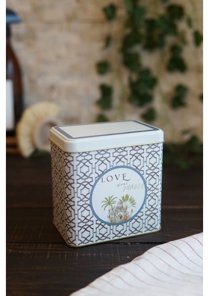 Gri Love Desenli Kare Metal Saklama Kabı 8X12 cm