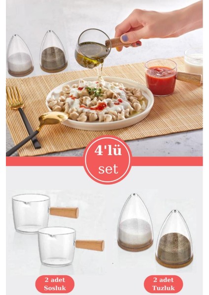 Turuncu Ahşap 4'lü Baharat Takımı, 2 Sosluk ve 2 Tuzluk Seti