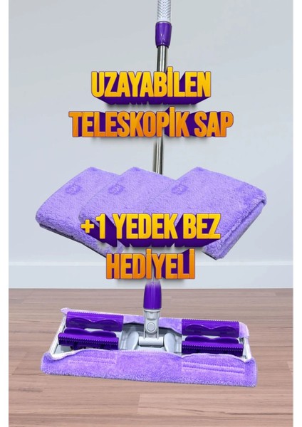 Yedek Bez Hediyeli Mor Mikrofiber Mandallı Yer ve Duvar Mop'u