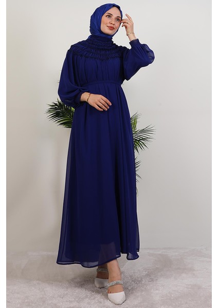 Gipe Detay Şifon Elbise Gece Mavi