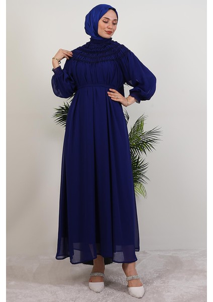 Gipe Detay Şifon Elbise Gece Mavi fiyatları