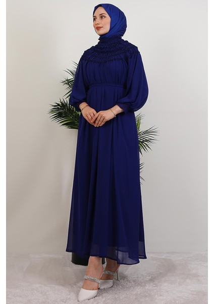 Gipe Detay Şifon Elbise Gece Mavi modelleri