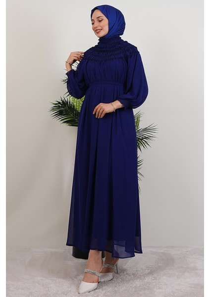 Gipe Detay Şifon Elbise Gece Mavi fırsatları