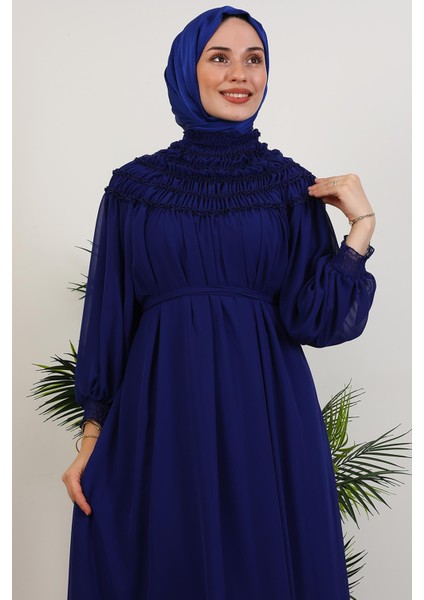 Gipe Detay Şifon Elbise Gece Mavi indirimleri