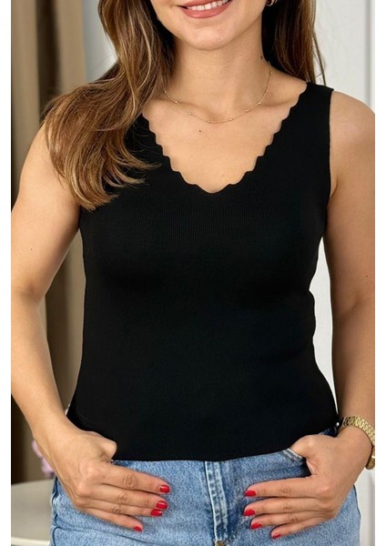 Kadın Fitilli Merdiven Yaka Sıfır Kol Triko Örme Yazlık Askılı T-Shirt Esnek Standart Beden