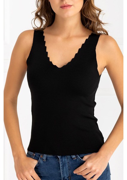 Kadın Fitilli Merdiven Yaka Sıfır Kol Triko Örme Yazlık Askılı T-Shirt Esnek Standart Beden fiyatları