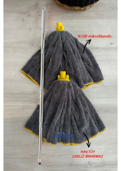3'lü Mikrofiber Paspas Mop Sap Seti, Gri, Mega Boy, Yedek Uç, Lüks Kalite