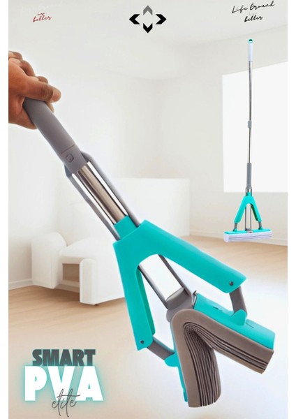 Turkuaz Gri Pva Kelebek Mop, Islak ve Kuru Temizlik Için Mikrofiber Mopu