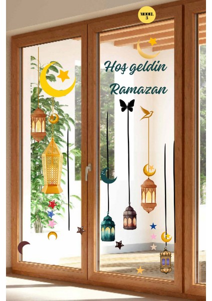 Hoş Geldin Ramazan Etiketi Fener Sarkıt Cam Duvar Dekorasyon Sticker Seti Model-3 indirimleri
