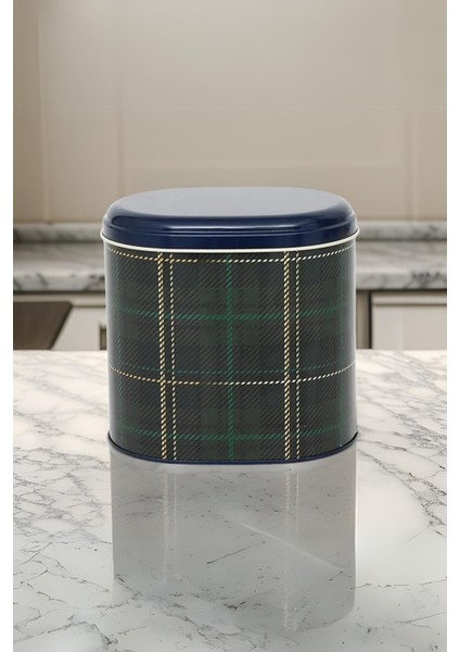 Yeşil Ekose Desenli Oval Metal Saklama Kabı 11X15 Cm, Çok Renkli