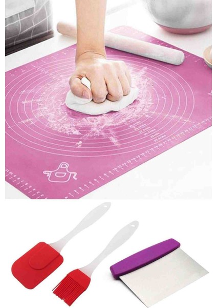 Hamur Açma Matı + Çelik Hamur Kesme Spatulası + Silikon Yumurta Fırçası ve Spatula 2'li Set