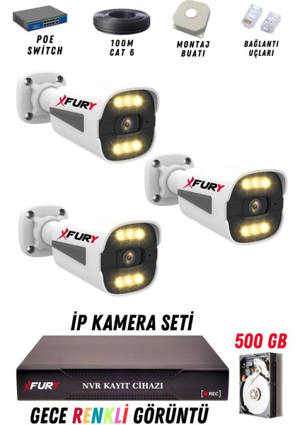 3 Kameralı Ip Güvenlik Kamerası Seti 4mp Gece Renkli Su Geçirmez 1506 500GB