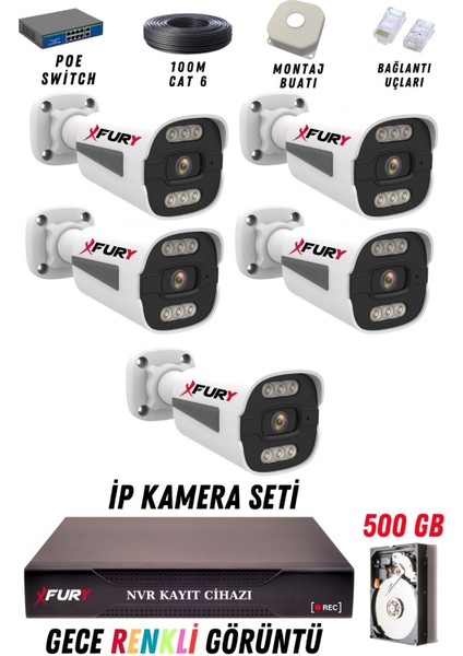 5 Kameralı Ip Güvenlik Kamerası Seti 4mp Gece Renkli Su Geçirmez 1506 500GB fiyatları