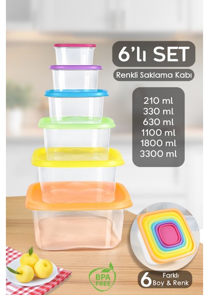 6'lı Renkli Kare Saklama Kabı Seti - Mikrodalga ve Derin Dondurucu Uyumlu