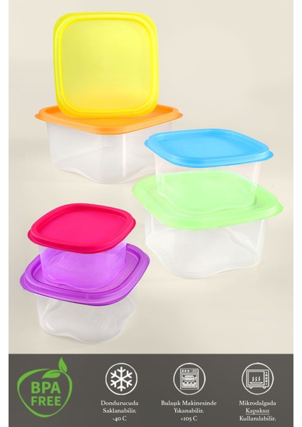 6'lı Renkli Kare Saklama Kabı Seti - Mikrodalga ve Derin Dondurucu Uyumlu modelleri