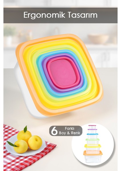6'lı Renkli Kare Saklama Kabı Seti - Mikrodalga ve Derin Dondurucu Uyumlu fırsatları