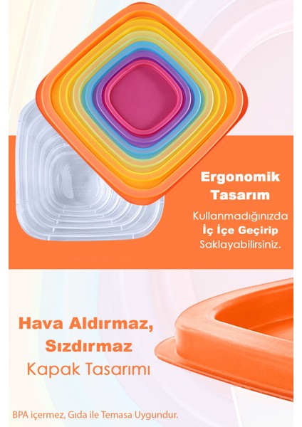 6'lı Renkli Kare Saklama Kabı Seti - Mikrodalga ve Derin Dondurucu Uyumlu indirimleri