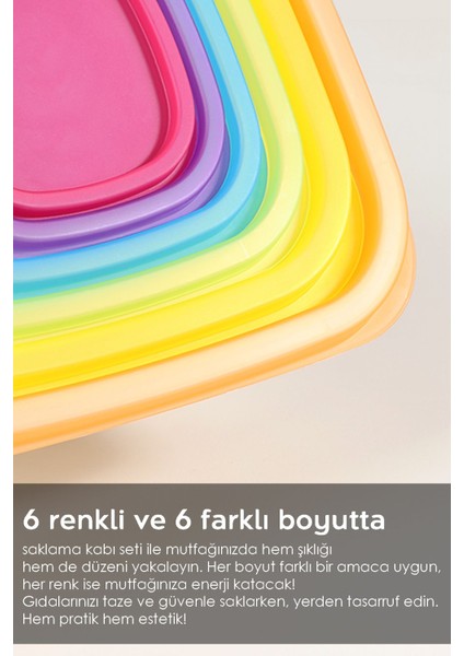6'lı Renkli Kare Saklama Kabı Seti - Mikrodalga ve Derin Dondurucu Uyumlu